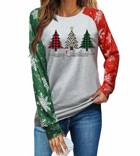 ADIAOA Women's Christmas Color-Block Botany Cartoon Shirt GreenTree Size M