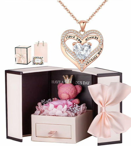 Generic Preserved Rose Gift Box with Pink Moss Bear & Necklace Gift