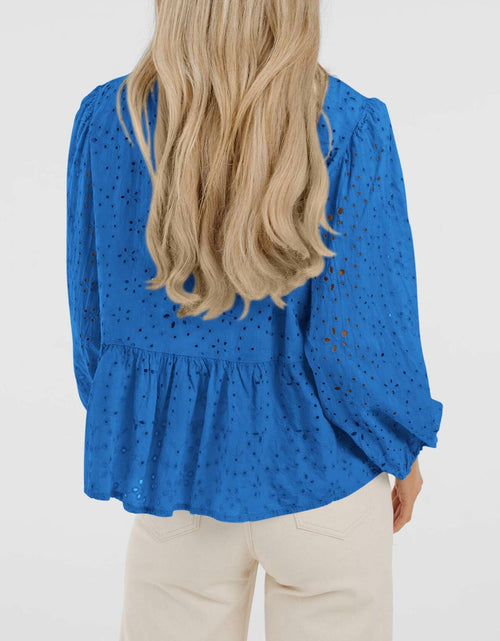 Load image into Gallery viewer, KIRUNDO Babydoll Long Sleeve Tie Front Eyelet Top Blue Size L
