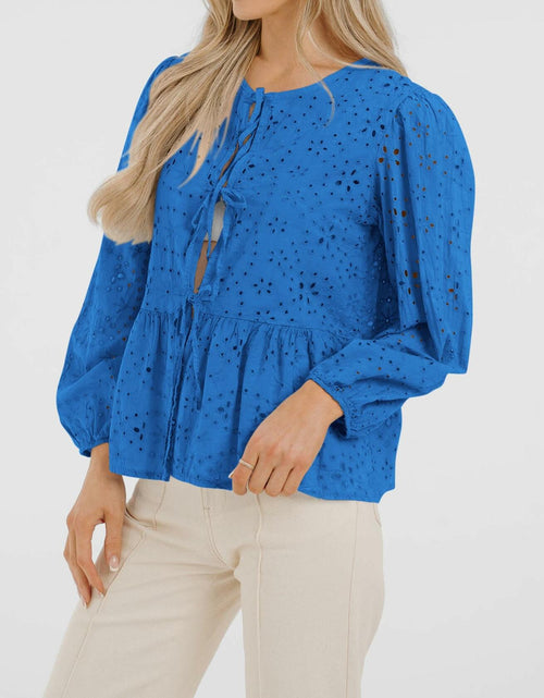 Load image into Gallery viewer, KIRUNDO Babydoll Long Sleeve Tie Front Eyelet Top Blue Size L
