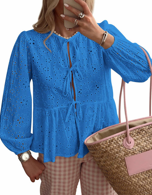 Load image into Gallery viewer, KIRUNDO Babydoll Long Sleeve Tie Front Eyelet Top Blue Size L
