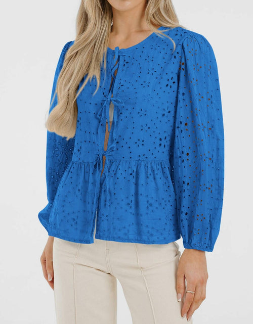 Load image into Gallery viewer, KIRUNDO Babydoll Long Sleeve Tie Front Eyelet Cotton Top Blue Size XL
