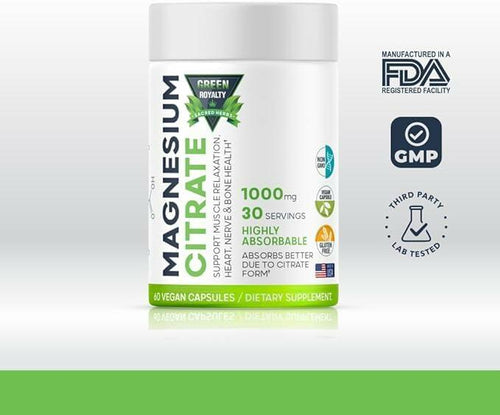 Load image into Gallery viewer, GREEN ROYALTY Magnesium Citrate 1000mg 60 Vegan Capsules Gluten Free USA
