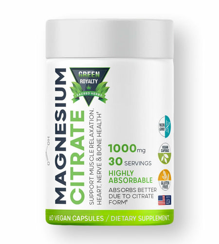 GREEN ROYALTY Magnesium Citrate 1000mg 60 Vegan Capsules Gluten Free USA