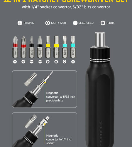 Banshu 12-in-1 Ratchet Screwdriver Set Magnetic Bits Case Colorful Alloy Steel