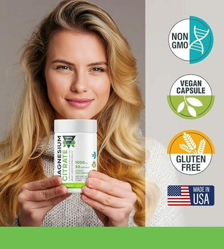 GREEN ROYALTY Magnesium Citrate 1000mg 60 Vegan Capsules Gluten Free USA