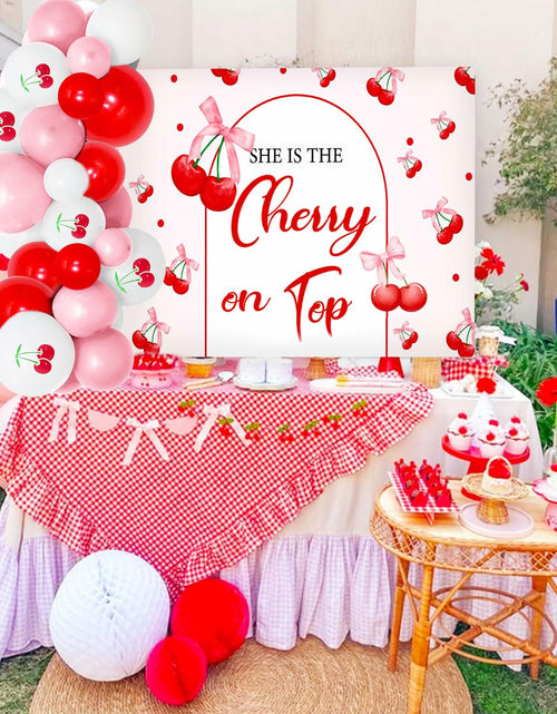 Load image into Gallery viewer, BACH AND BOUJEE She's The Cherry on Top Baby Shower Backdrop Red Balloons
