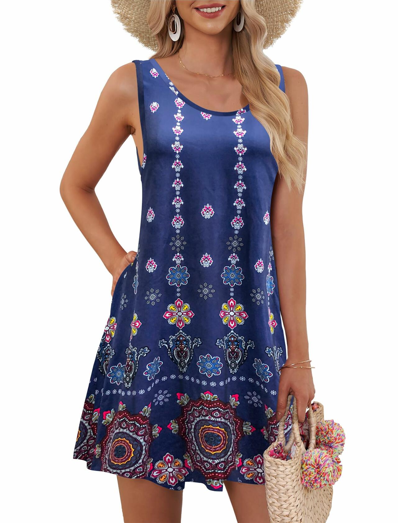 AUSELILY Women's Sleeveless Floral Mini Dress with Pockets Red Flowers Size L