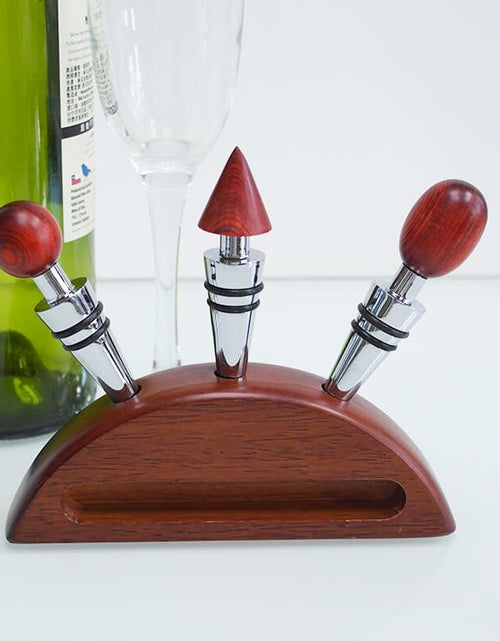 Load image into Gallery viewer, Lutong Wine Stopper Set 3pcs with Stand Wood Silver &amp; Brown Entertainment
