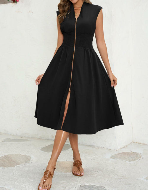 Load image into Gallery viewer, Wenrine Womens Summer Smocked Midi Dress V Neck Cap Sleeve Black
