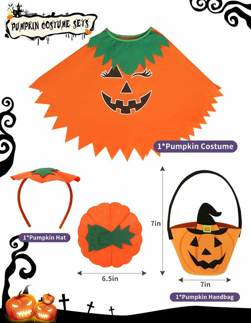 Load image into Gallery viewer, qqpouc Pumpkin Costume Glow in Dark Halloween Poncho Headband Candy Bags 3-7Y
