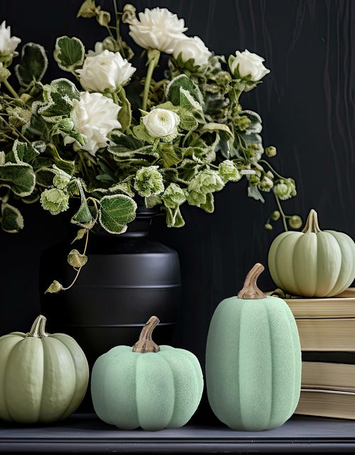 Load image into Gallery viewer, Vicenpal 2 Pcs Green Foam Pumpkins Fall Thanksgiving Decor Flocked Velvet
