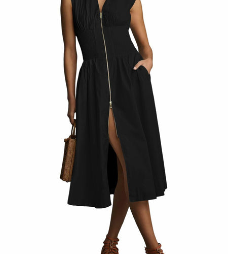 Wenrine Womens Summer Smocked Midi Dress V Neck Cap Sleeve Black