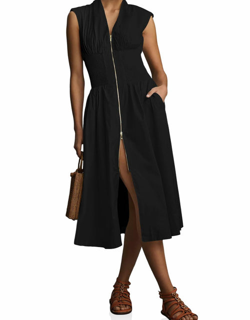 Load image into Gallery viewer, Wenrine Womens Summer Smocked Midi Dress V Neck Cap Sleeve Black
