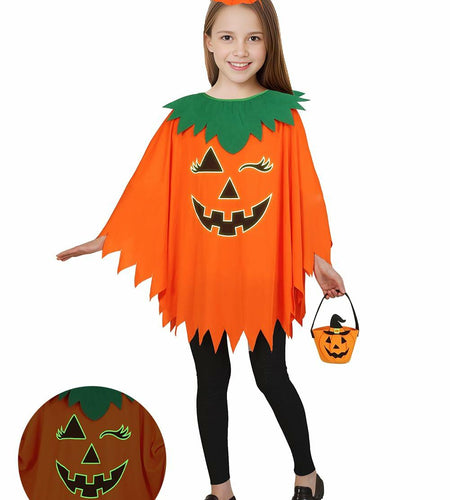 qqpouc Pumpkin Costume Glow in Dark Halloween Poncho Headband Candy Bags 3-7Y