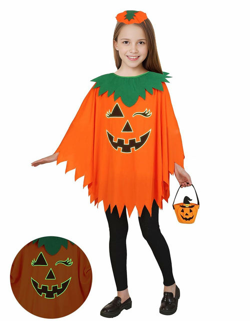 Load image into Gallery viewer, qqpouc Pumpkin Costume Glow in Dark Halloween Poncho Headband Candy Bags 3-7Y
