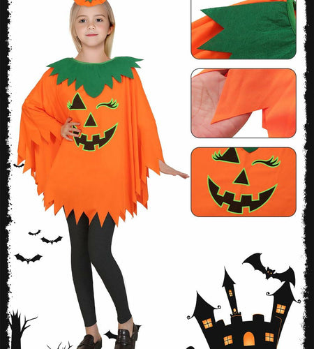 qqpouc Pumpkin Costume Glow in Dark Halloween Poncho Headband Candy Bags 3-7Y