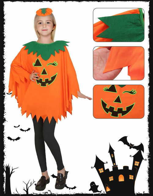 Load image into Gallery viewer, qqpouc Pumpkin Costume Glow in Dark Halloween Poncho Headband Candy Bags 3-7Y
