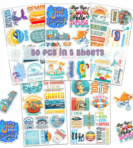 BIGZORO 50PCS Waterproof Swimming Stickers Decals Vinyl for Laptop Water Bottles