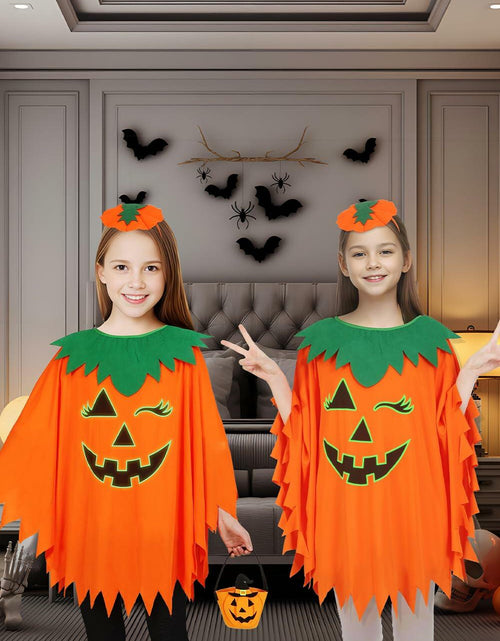Load image into Gallery viewer, qqpouc Pumpkin Costume Glow in Dark Halloween Poncho Headband Candy Bags 3-7Y
