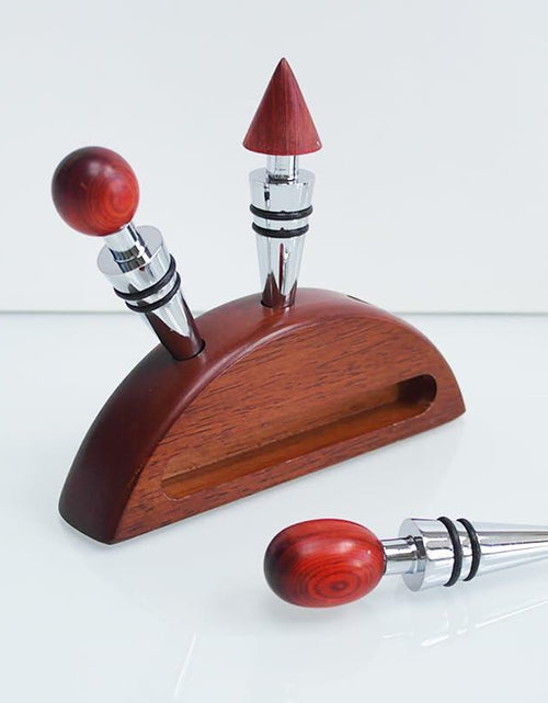 Load image into Gallery viewer, Lutong Wine Stopper Set 3pcs with Stand Wood Silver &amp; Brown Entertainment
