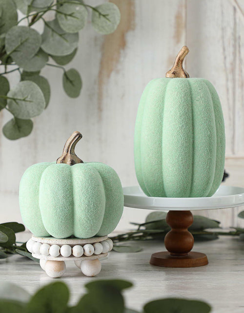 Load image into Gallery viewer, Vicenpal 2 Pcs Green Foam Pumpkins Fall Thanksgiving Decor Flocked Velvet
