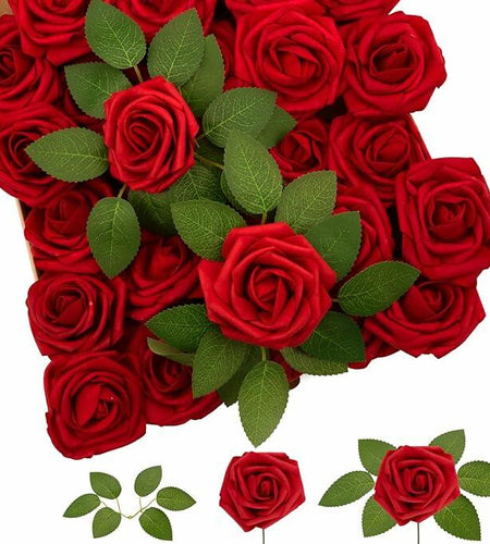 Yaqulen 60Pcs Artificial Foam Rose Flowers with Stems Red for Decorations