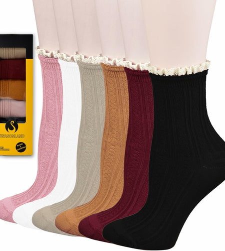 SWANONLAND Women’s Frilly Ankle Socks Vintage Trim 6 Pairs Assorted One Size