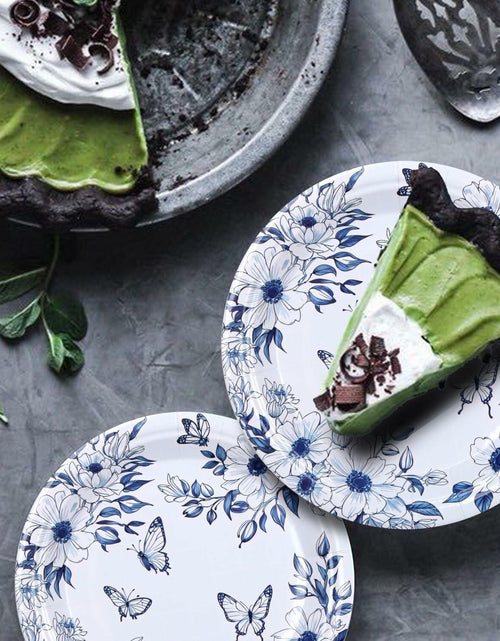 Load image into Gallery viewer, Pandecor 50 Blue White Floral Disposable Paper Plates 7in Butterfly Theme

