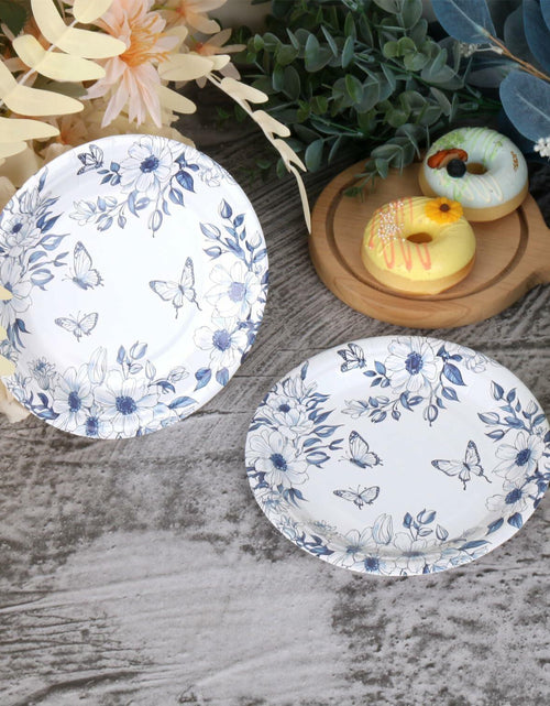 Load image into Gallery viewer, Pandecor 50 Blue White Floral Disposable Paper Plates 7in Butterfly Theme
