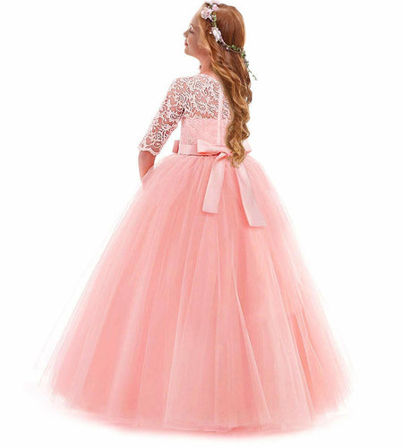 ABEHIK Flower Girls Lace Tulle Communion Dress Pink Size 2-3T
