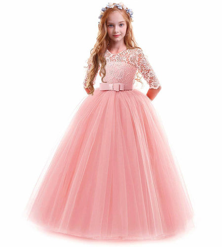 ABEHIK Flower Girls Lace Tulle Communion Dress Pink Size 2-3T