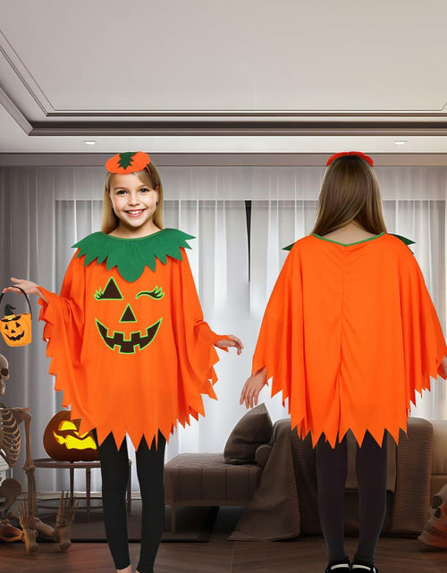 Load image into Gallery viewer, qqpouc Pumpkin Costume Glow in Dark Halloween Poncho Headband Candy Bags 3-7Y

