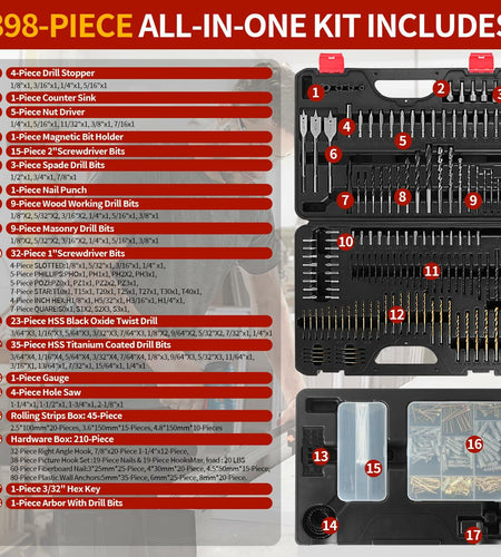 Wakuka 400 Pcs Drill Bit & Screwdriver Set Black High Speed Steel Titanium
