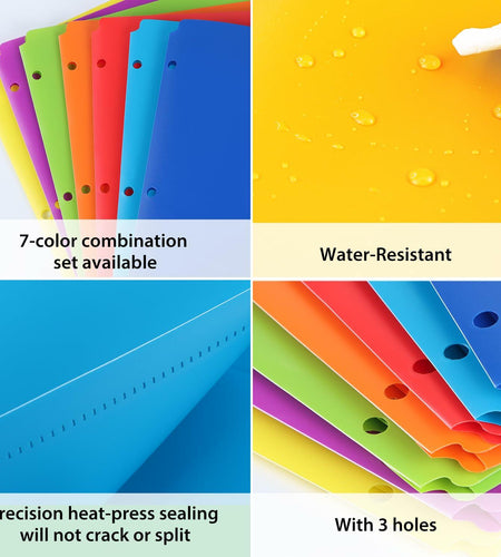 Aipker Plastic Folder with Pockets 3-Hole Punched 7 Pack Assorted Colors
