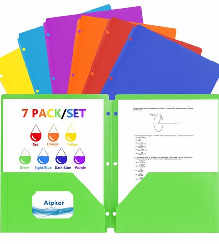 Aipker Plastic Folder with Pockets 3-Hole Punched 7 Pack Assorted Colors