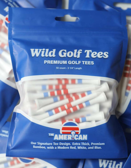 Load image into Gallery viewer, Wild Golf Wood Bamboo Golf Tees 3-1/4" Extra-Thick Red White Blue 50 Pack
