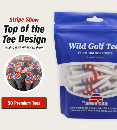 Wild Golf Wood Bamboo Golf Tees 3-1/4" Extra-Thick Red White Blue 50 Pack