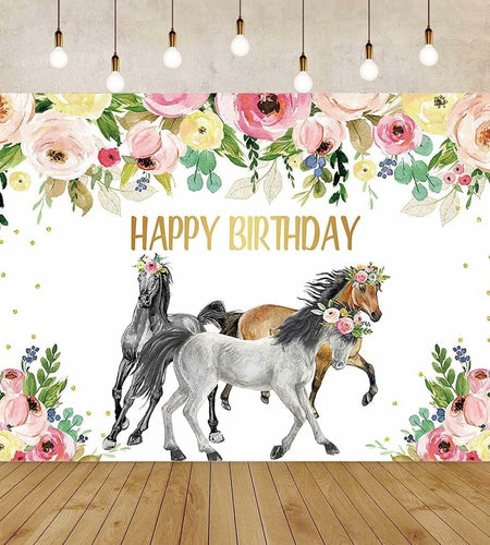 JICONEE Horse Birthday Party Backdrop Western Bohemian Wildflower 7x5ft