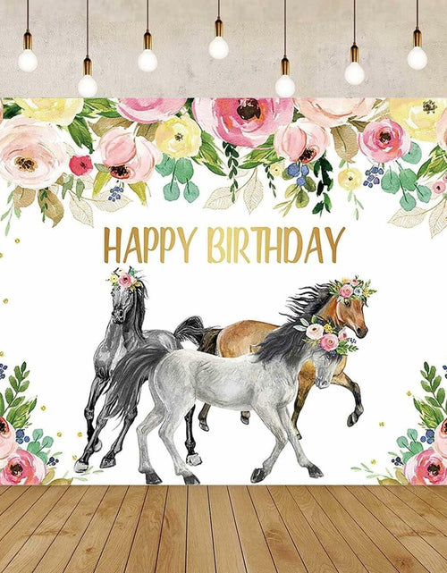 Load image into Gallery viewer, JICONEE Horse Birthday Party Backdrop Western Bohemian Wildflower 7x5ft
