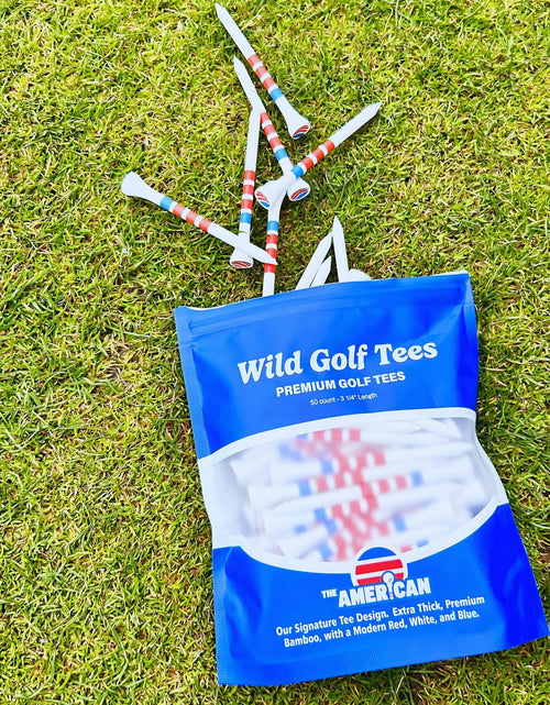Load image into Gallery viewer, Wild Golf Wood Bamboo Golf Tees 3-1/4" Extra-Thick Red White Blue 50 Pack

