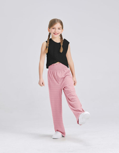 Load image into Gallery viewer, Handfrog Girls 2PC Tie Knot Crop Top &amp; Wide Leg Pants Set Pink Black Size 12-13Y
