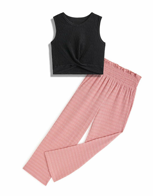 Load image into Gallery viewer, Handfrog Girls 2PC Tie Knot Crop Top &amp; Wide Leg Pants Set Pink Black Size 12-13Y
