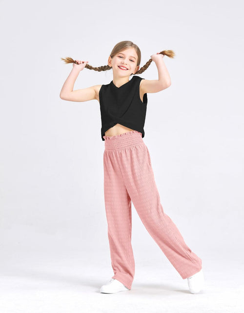 Load image into Gallery viewer, Handfrog Girls 2PC Tie Knot Crop Top &amp; Wide Leg Pants Set Pink Black Size 12-13Y
