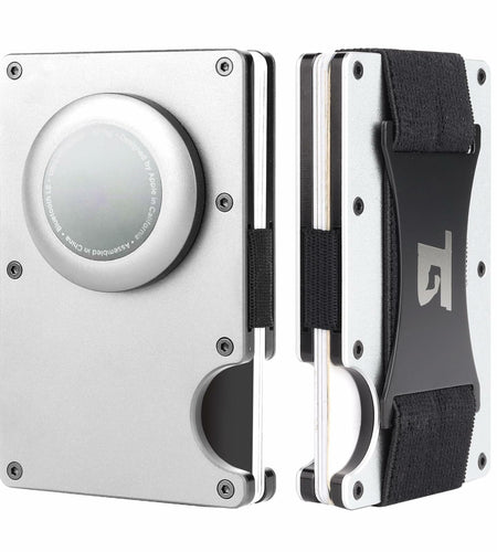 Team Gainz Mens Metal Wallet RFID Blocking Airtag Holder Silver W/ Strap