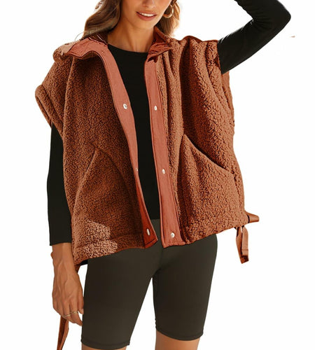 Yozazzy Sherpa Vest Women Sleeveless Fleece Zip Up Rust Size S