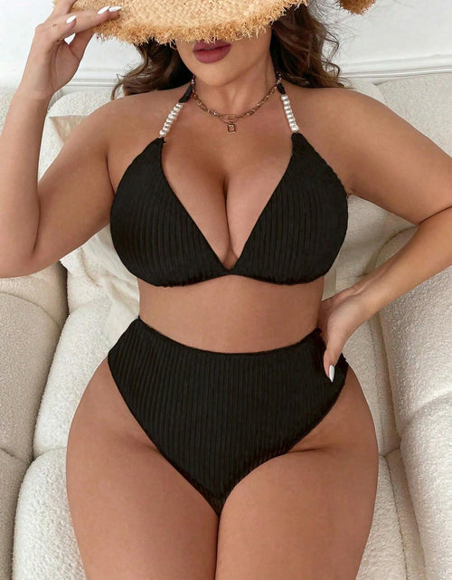 Load image into Gallery viewer, MakeMeChic Women's Plus Size 2PC Halter Triangle Bikini High Waist Black Size L
