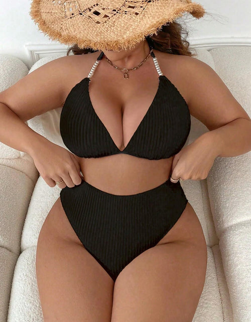 Load image into Gallery viewer, MakeMeChic Women's Plus Size 2PC Halter Triangle Bikini High Waist Black Size L
