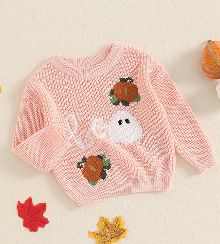 Adobabirl Baby Halloween Sweater Pumpkin Embroidery Knit Pullover Pink Size 6-9M
