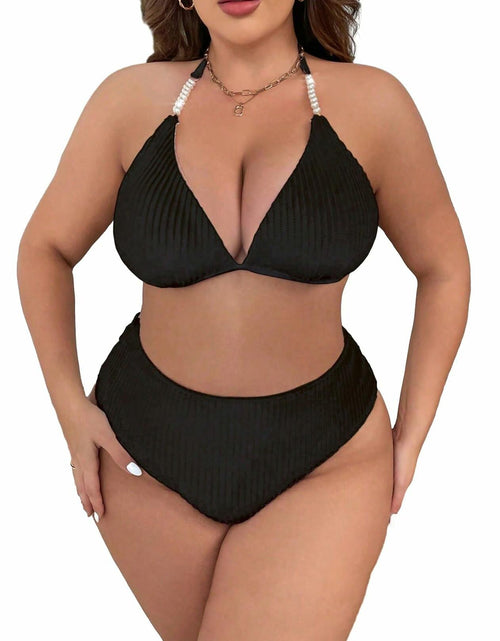 Load image into Gallery viewer, MakeMeChic Women's Plus Size 2PC Halter Triangle Bikini High Waist Black Size L
